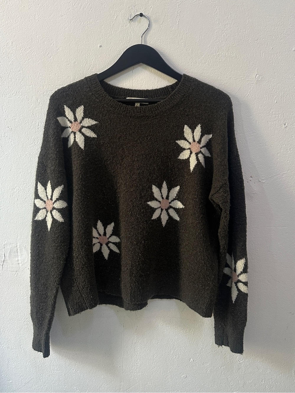 Madewell Floral Merino Wool Blend Sweater L Gray Black Crew Neck
